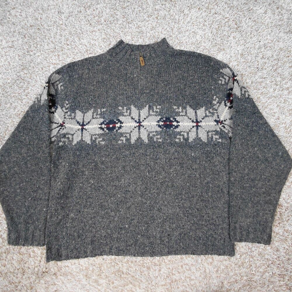 Eddie Bauer Legend 1/4 Zip Sweater Mens Medium Fair Isle Okanogan Handknit Wool